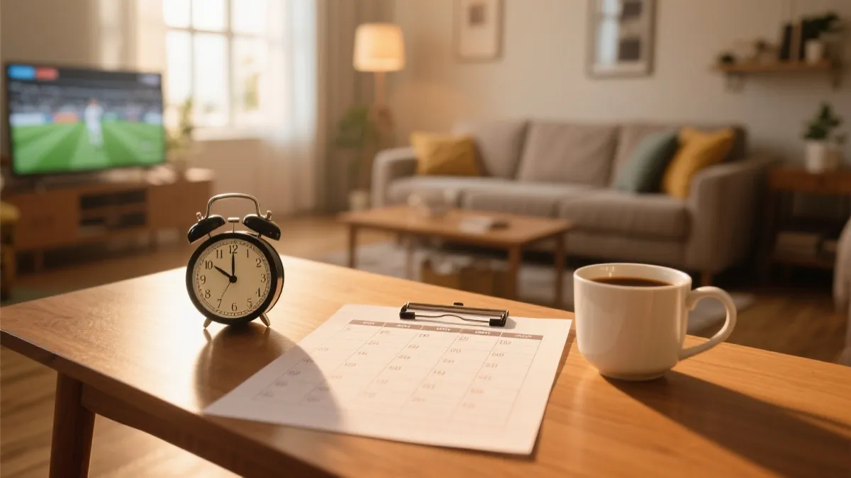 中国球迷清晨观赛的居家场景，桌上有赛程表和闹钟