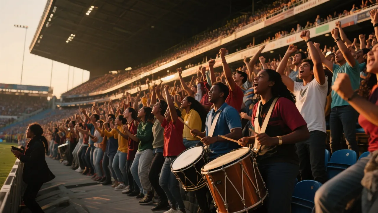 看台上不同国家球迷并肩助威，鼓点与歌声交织，体现北美文化融合的现场氛围