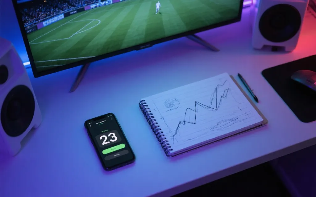 手机与电视屏幕显示比赛倒计时，桌面有战术笔记与数据图表