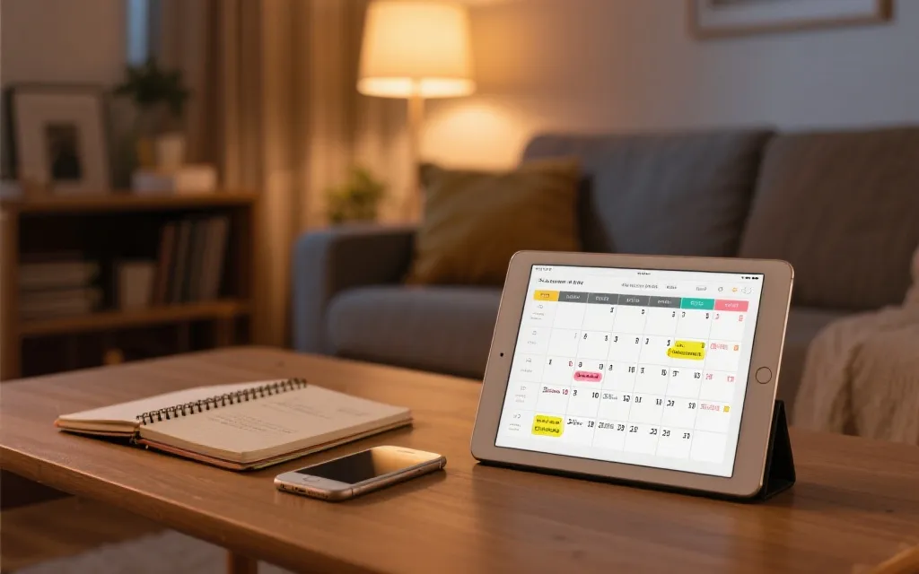 客厅沙发上摊开平板和手机日历，旁边放着笔记本写着赛程与转播入口的清单，温暖灯光